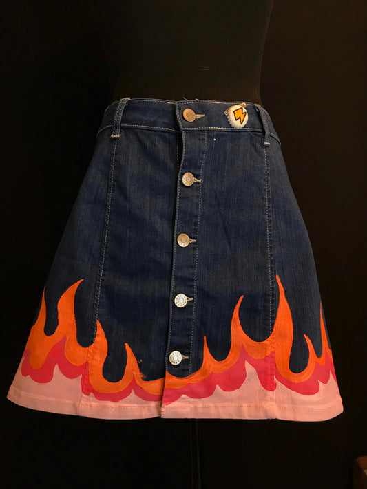 Pink Flame Skirt Womens SIZE M 9/29 Hand Painted Denim