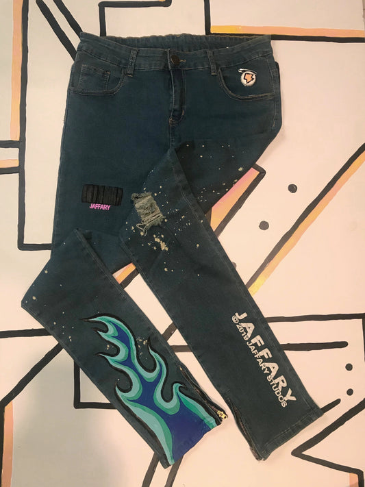 Blue flame Jeans Mens SMALL 28 Custom Hand Painted Denim