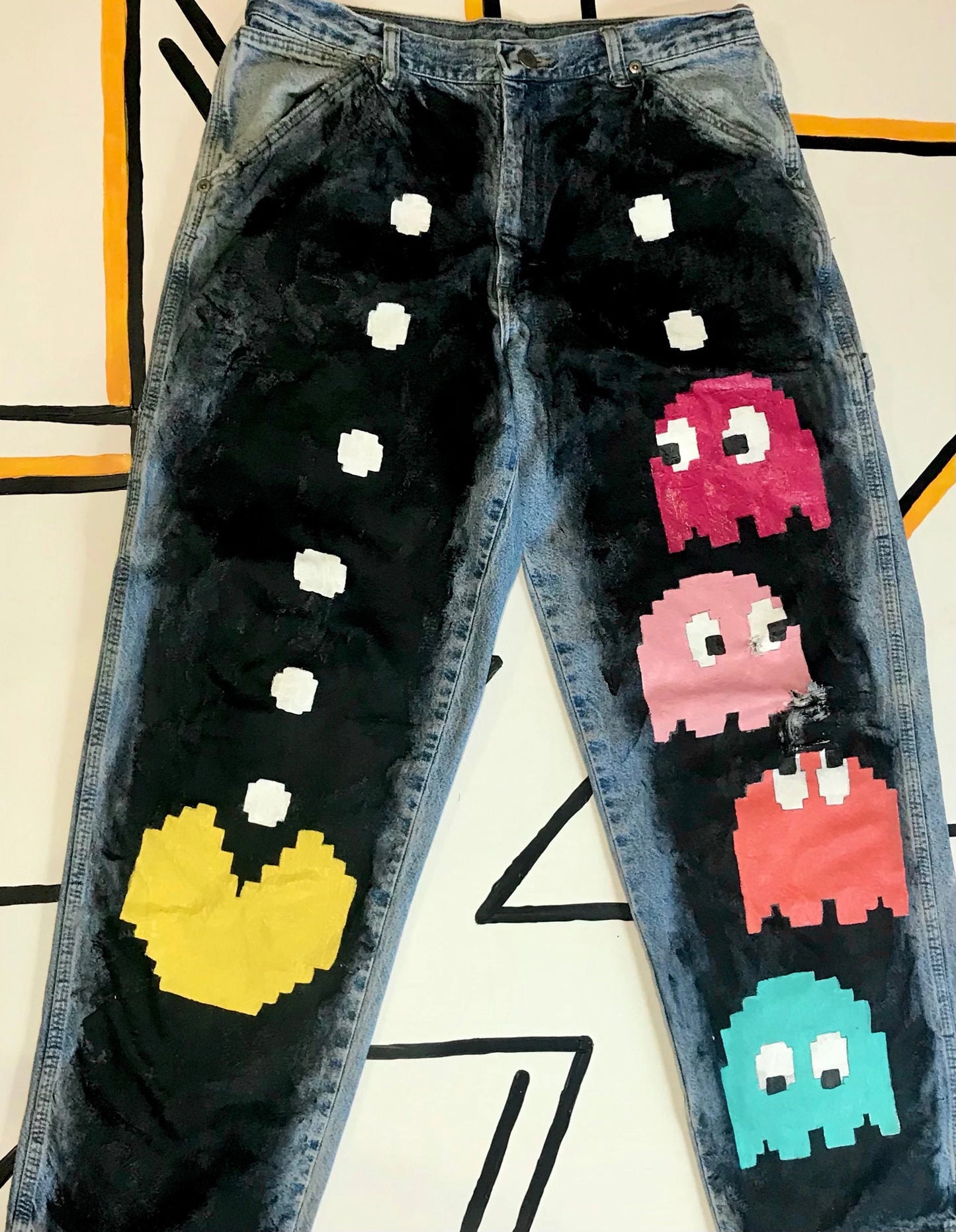 Pac Man and Ghost Mens SMALL Custom Hand Painted Jeans