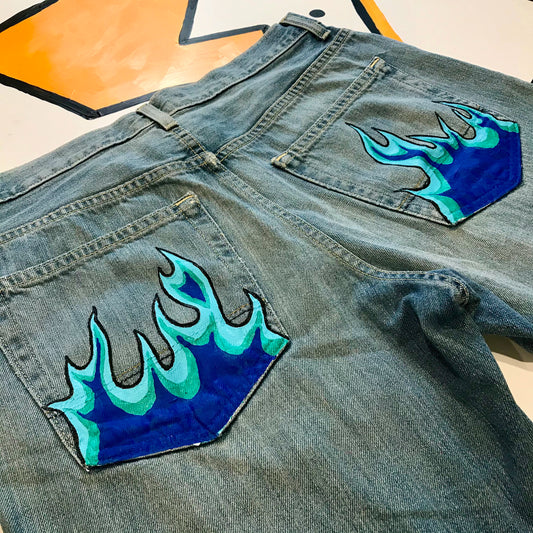 Blue Flame Jeans Mens SIZE 32/20 Hand Painted Denim