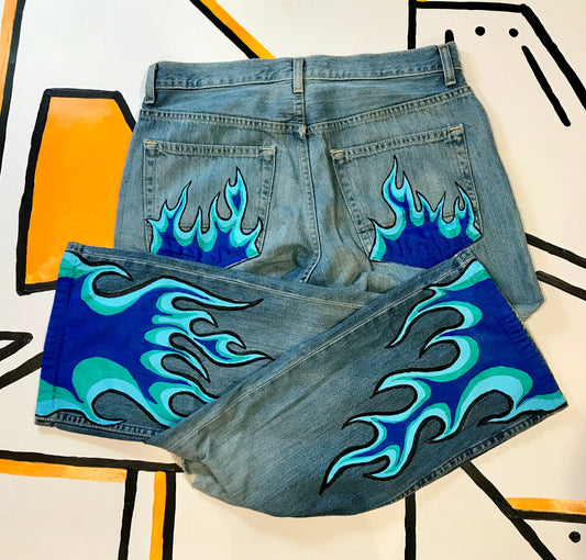 Blue Flame Jeans Mens SIZE 32/20 Hand Painted Denim