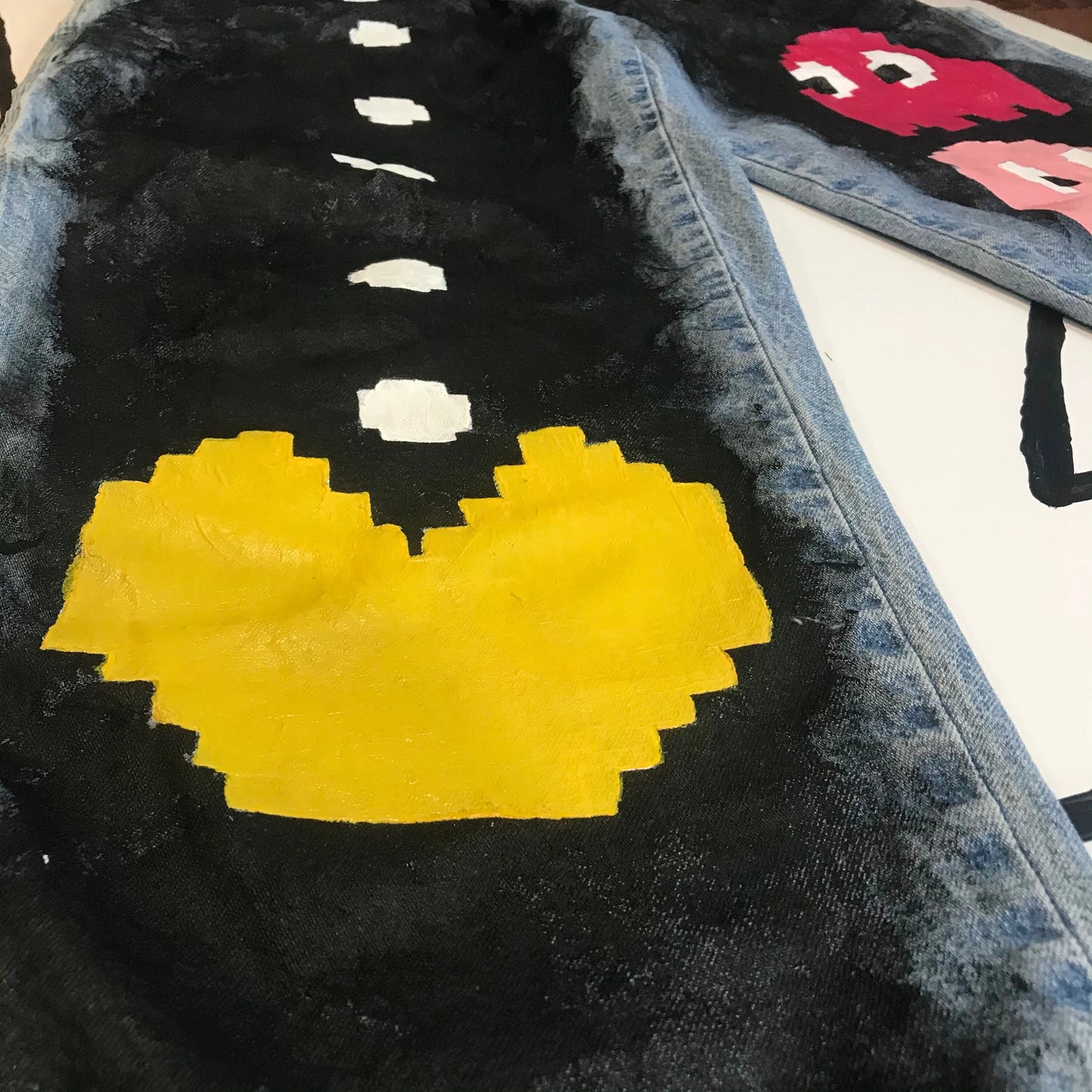 Pac Man and Ghost Mens SMALL Custom Hand Painted Jeans