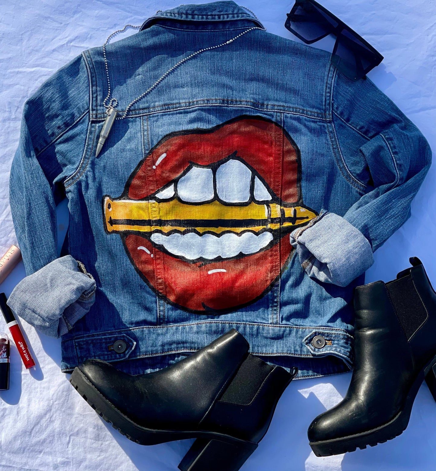 Bite the Bullet Womens SMALL Hand Painted Jean Jacket