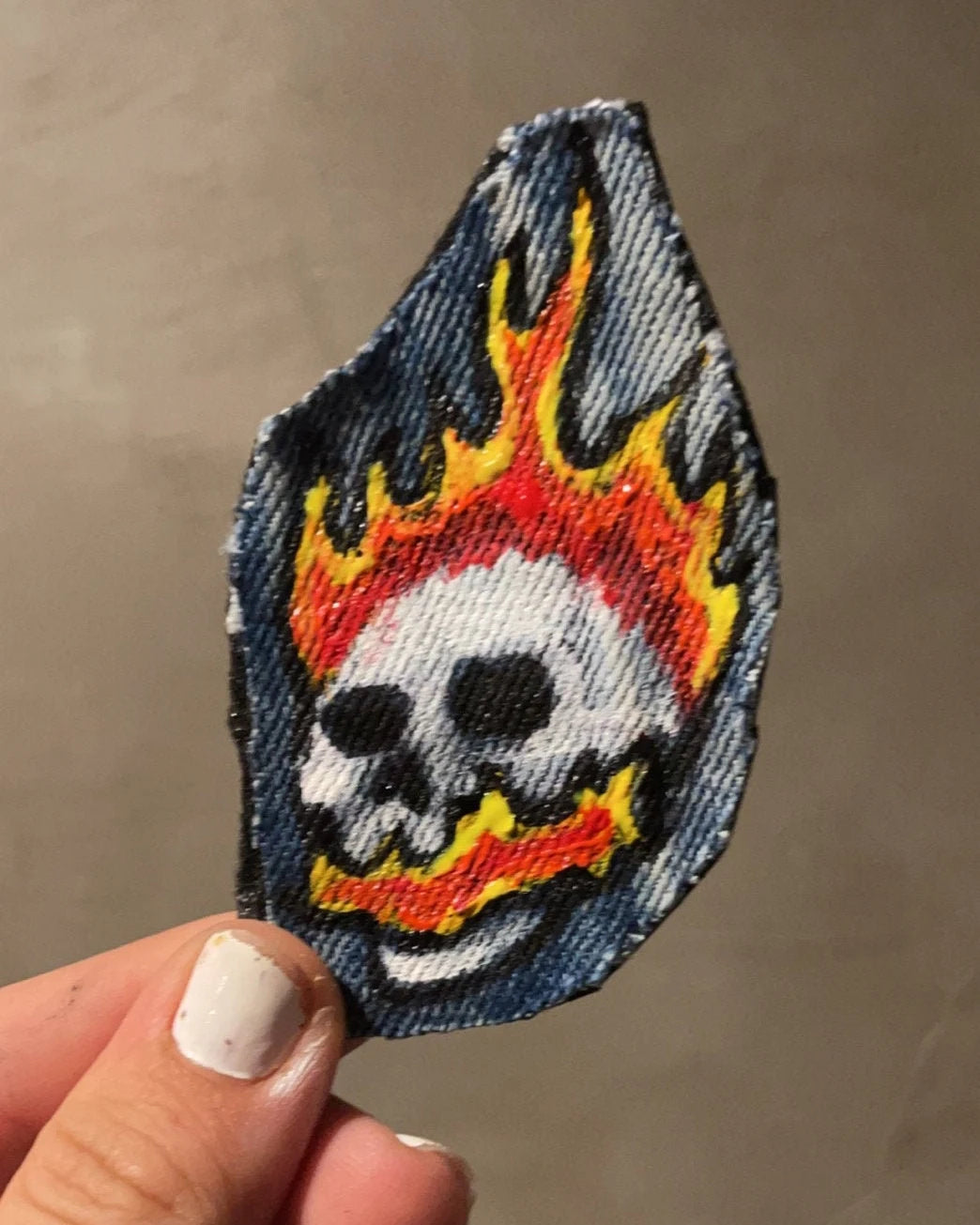 Tiny Flame Skull Hand Painted Denim Patch