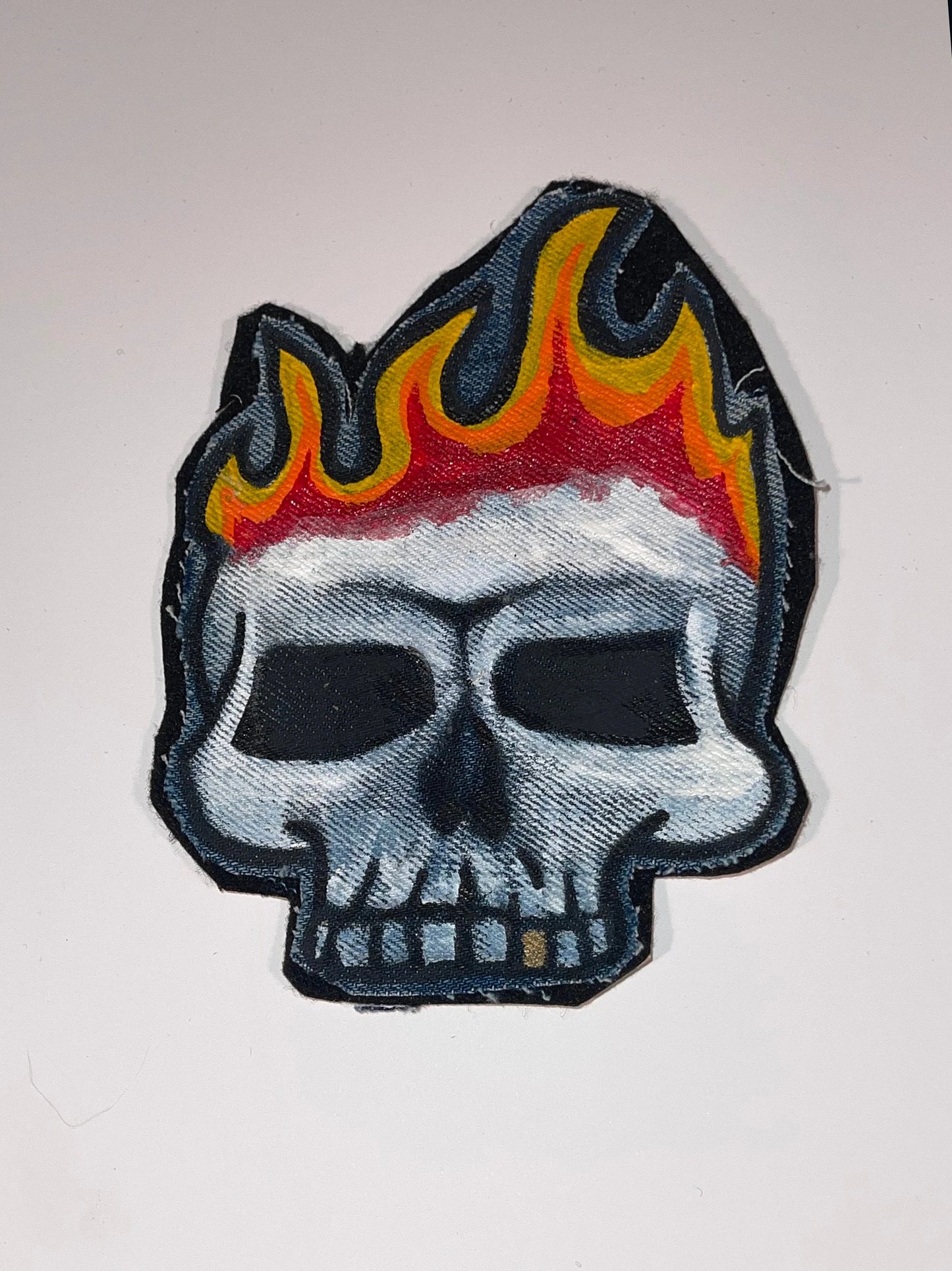 Flame Skull Hand Painted Denim Patch