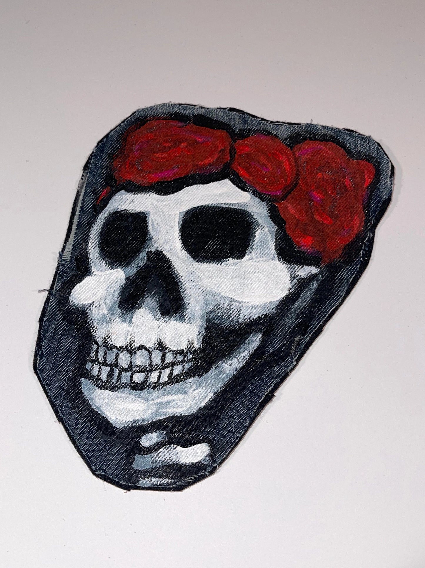 Skull with Rose Veil Handpainted Denim Patch