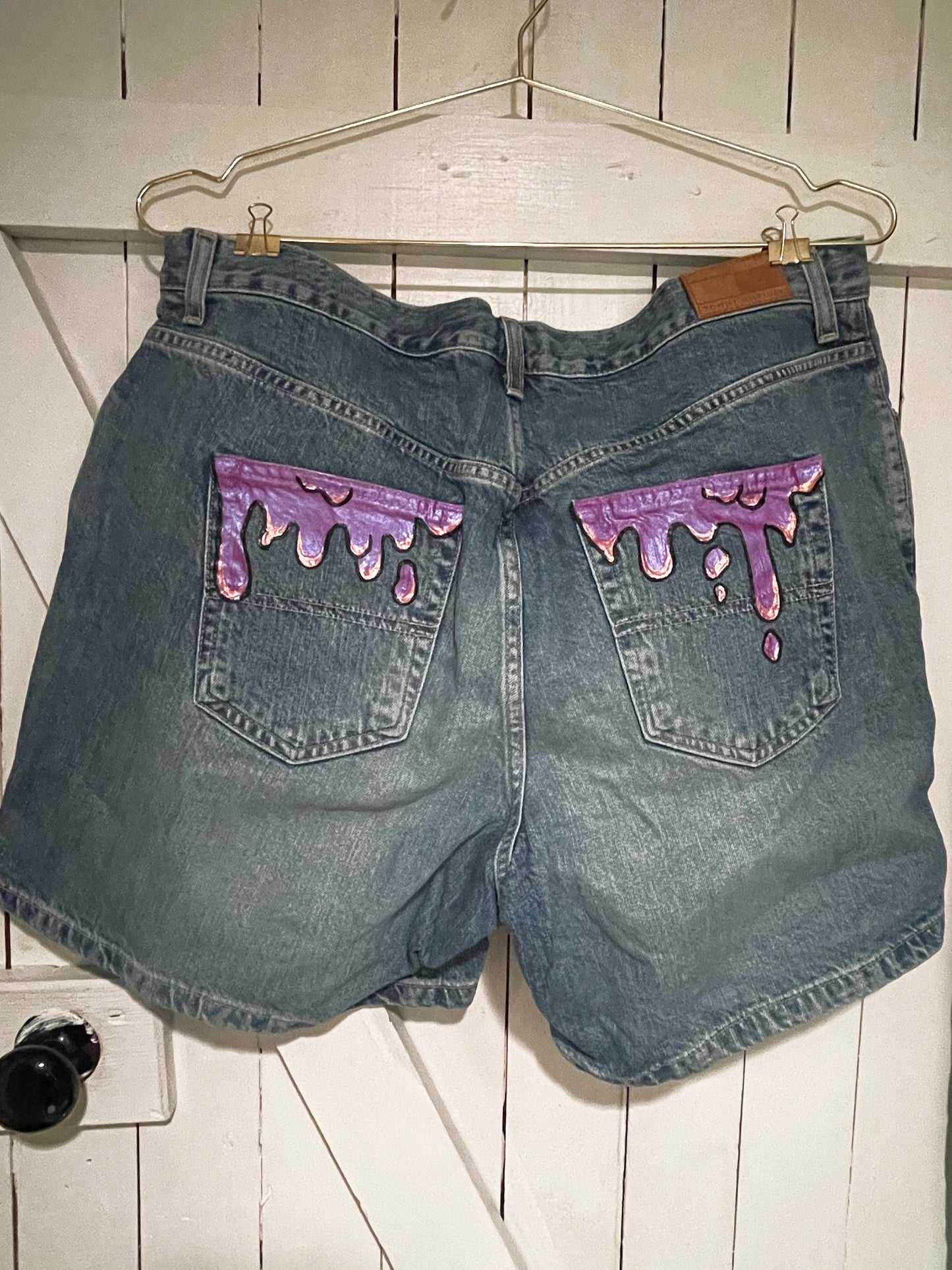 Purple Drip Denim Shorts Womens SIZE 14 Custom Hand Painted Jean